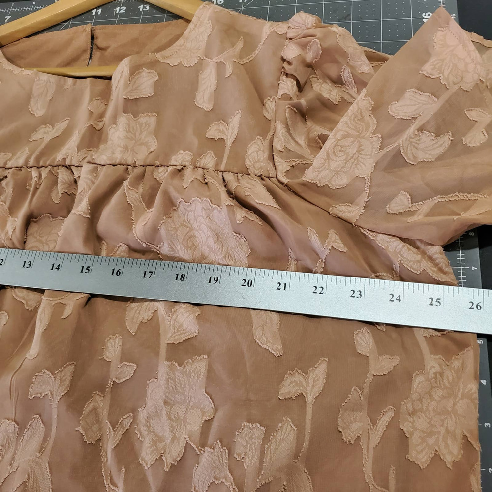 Floral Blouse Womens Size XL Tan Boxy Layered Babydoll Burnout Bell Sleeve - Picture 9 of 10